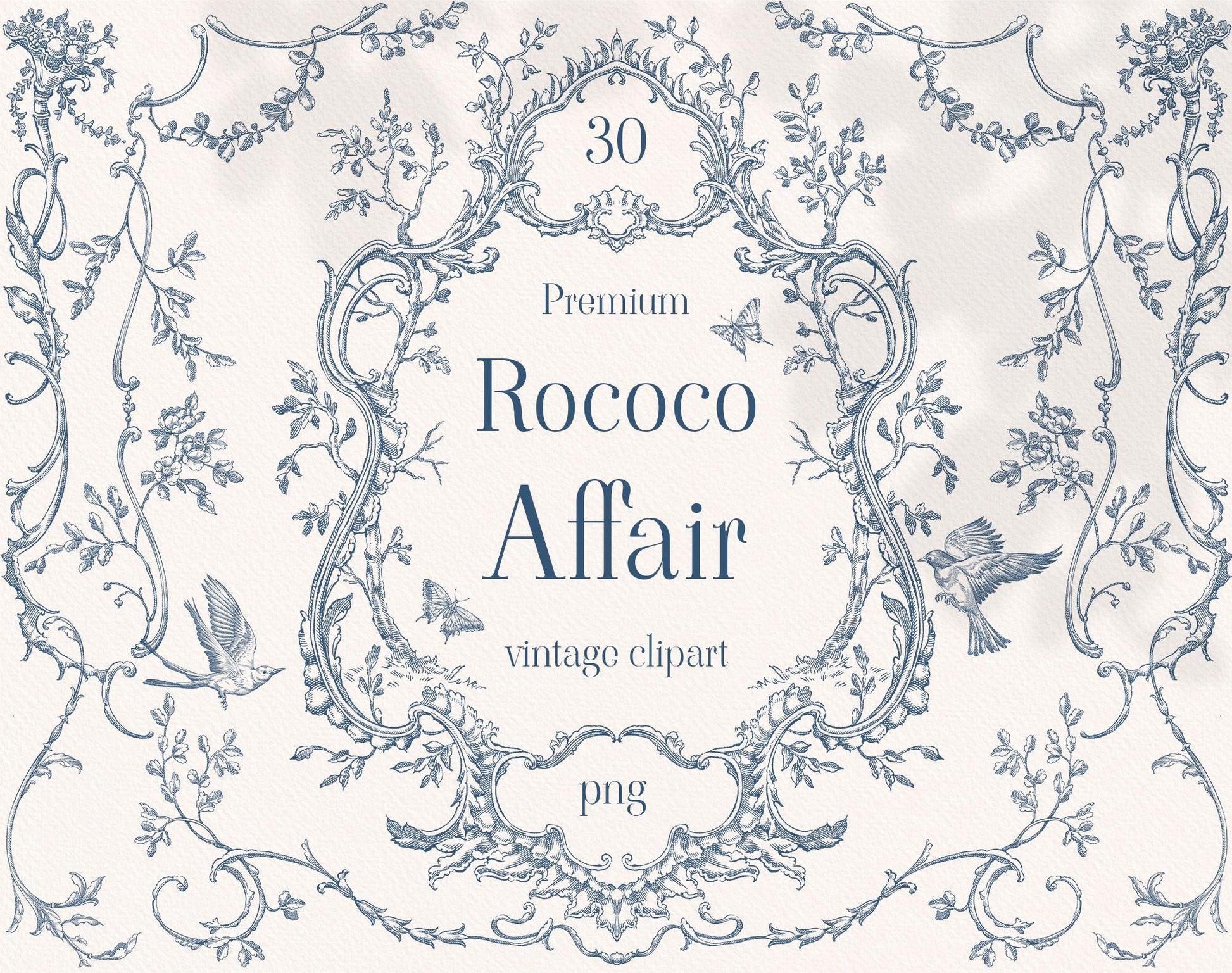 Rococo Affair Blue clip-art collection — ornate rococo floral frame with birds and butterflies in dusty blue