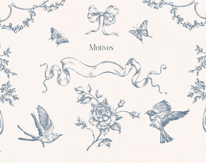 Motifs sheet — butterflies, bows, birds and ribbon from Rococo Affair Blue