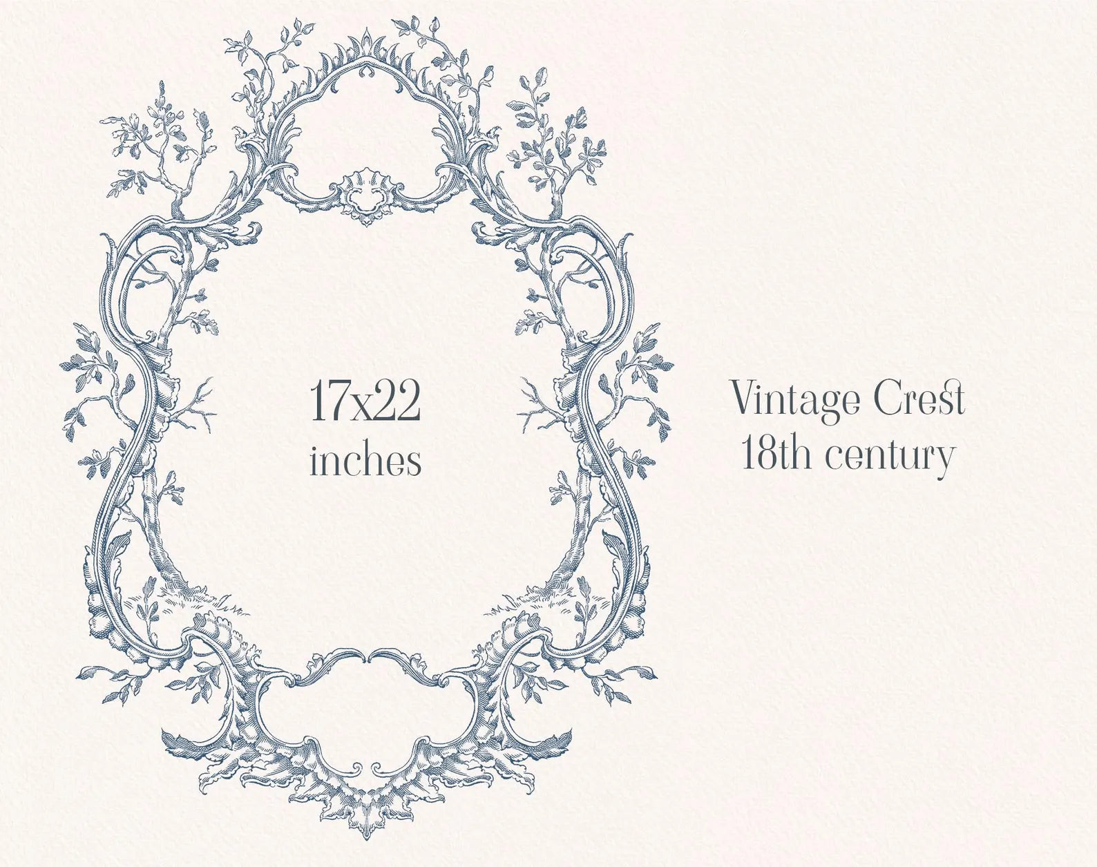 18th-century style floral crest illustration 17×22 in Rococo Affair Blue