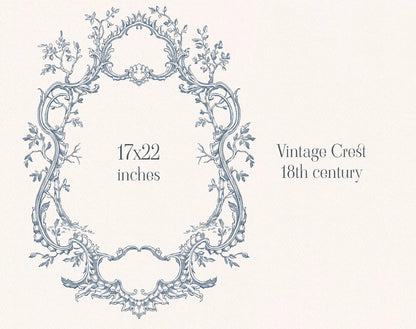 18th-century style floral crest illustration 17×22 in Rococo Affair Blue