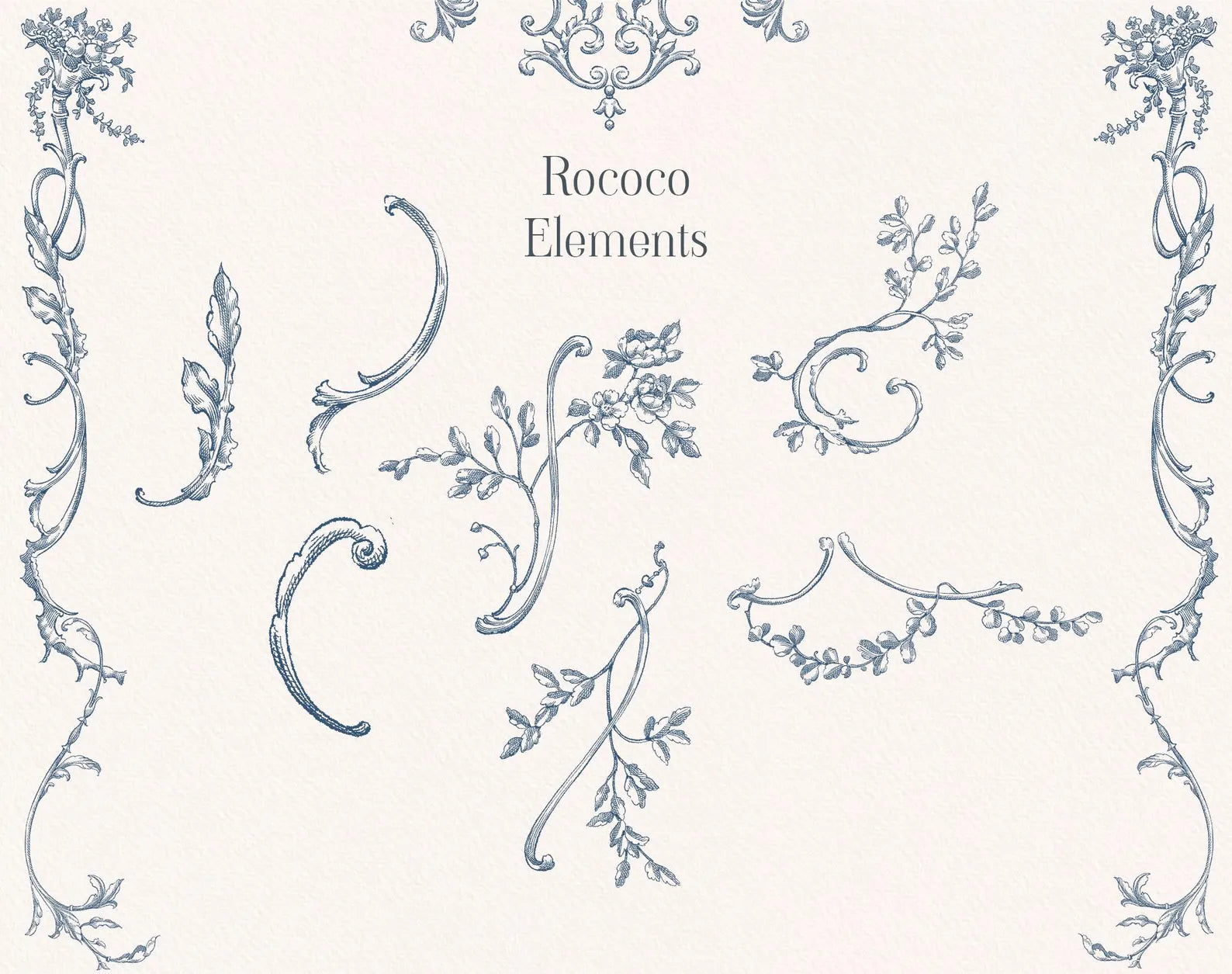 Scrolls, foliage and vine flourishes — Rococo Affair Blue ‘Elements’ sheet