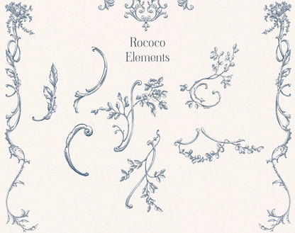 Scrolls, foliage and vine flourishes — Rococo Affair Blue ‘Elements’ sheet