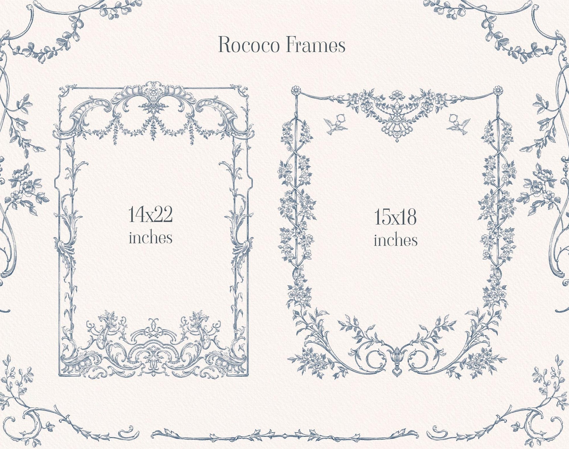 Rococo Affair Blue wedding frame samples in blue line art — 14×22 in & 16×18 in