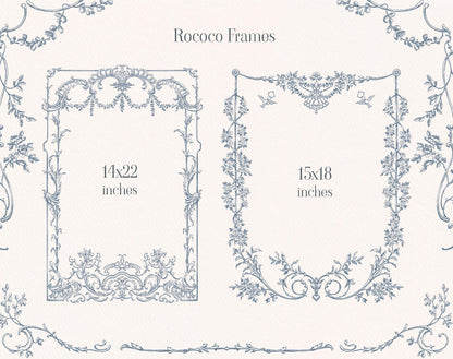 Rococo Affair Blue wedding frame samples in blue line art — 14×22 in & 16×18 in