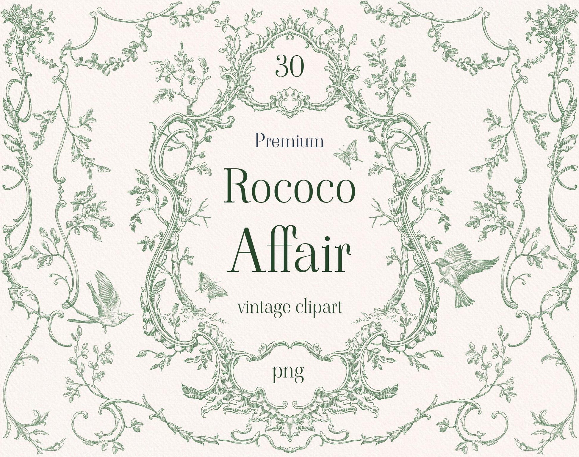 Rococo Affair Green clip-art pack — ornate dusty-green rococo frame with birds, butterflies and scrolling vines