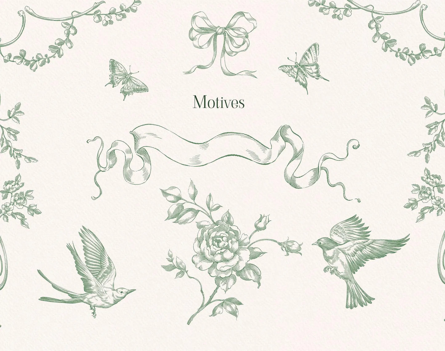 Swallows, butterflies, bow and scroll motifs — Rococo Affair Green ‘Motives’ sheet