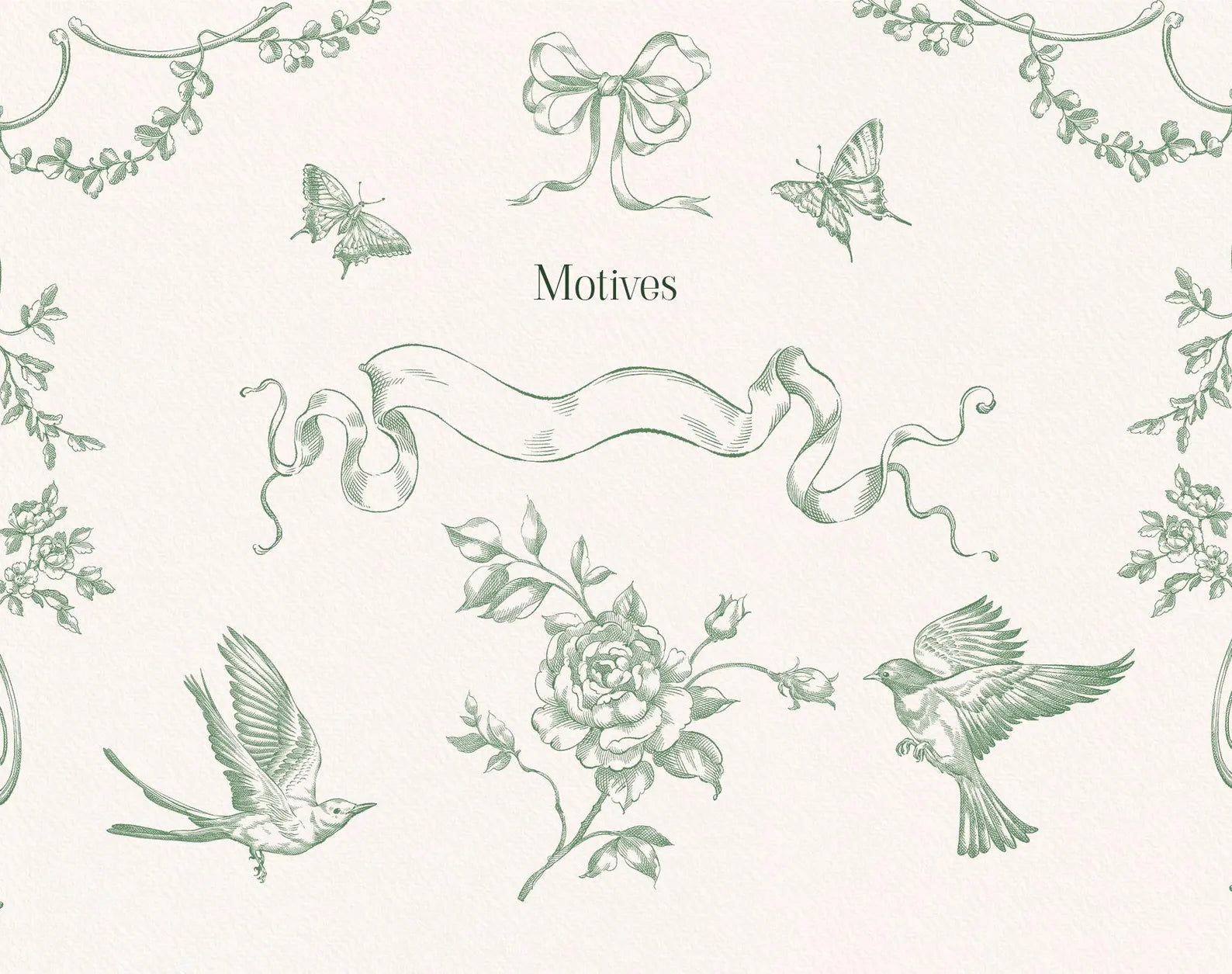 Swallows, butterflies, bow and scroll motifs — Rococo Affair Green ‘Motives’ sheet
