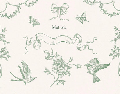 Swallows, butterflies, bow and scroll motifs — Rococo Affair Green ‘Motives’ sheet