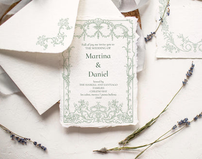 Wedding invitation mock-up with Rococo Affair green border and crest