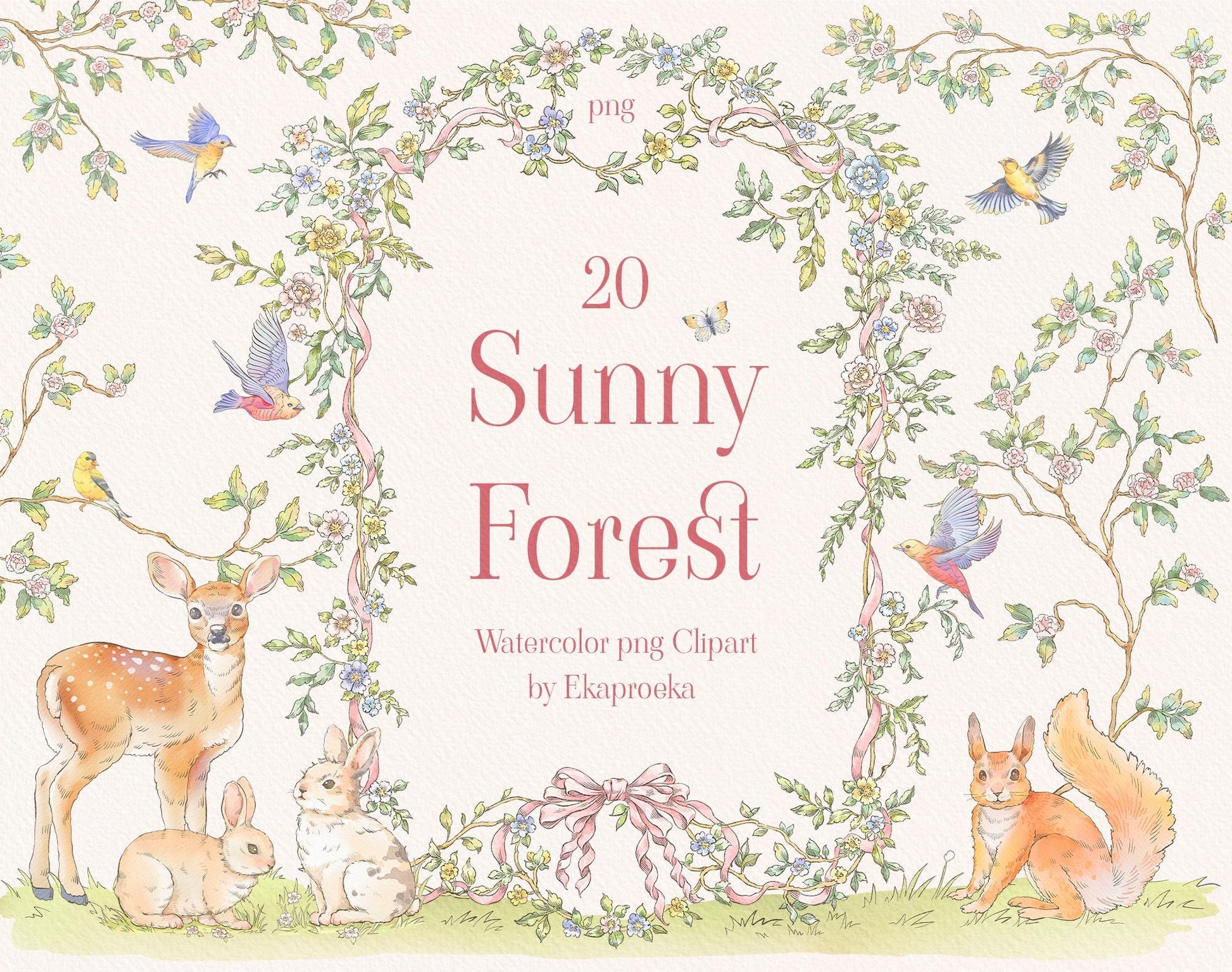 Sunny Forest – 20 woodland watercolors: animals, floral borders & butterflies