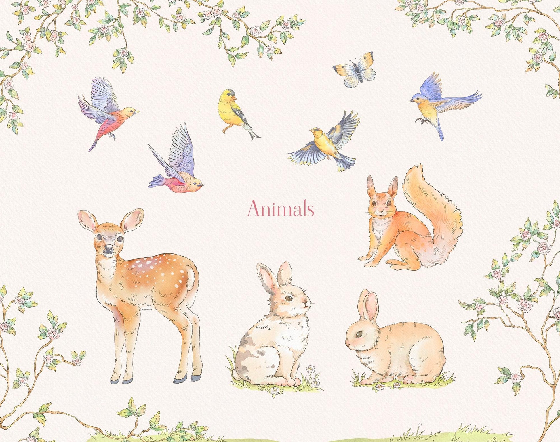 Forest animals illustration sheet — fawn, rabbits, squirrel and songbirds from Sunny Forest collection 