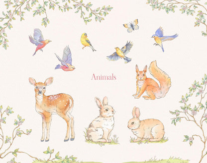 Forest animals illustration sheet — fawn, rabbits, squirrel and songbirds from Sunny Forest collection 