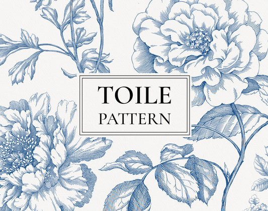 Toile Pattern Blue, seamless blue toile with peony and rose line-art florals