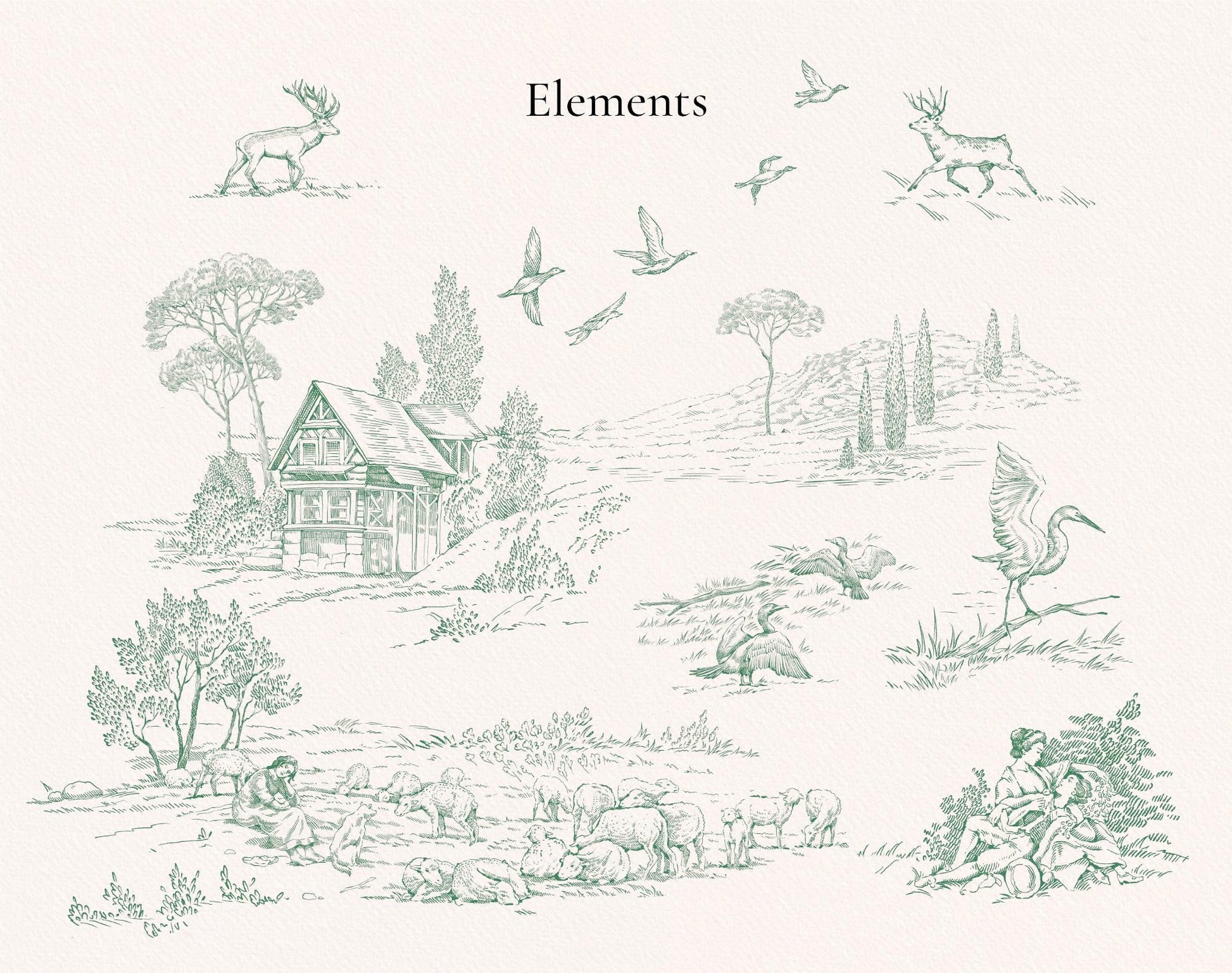 Toile scene elements — cottages, deer, trees and birds on transparent