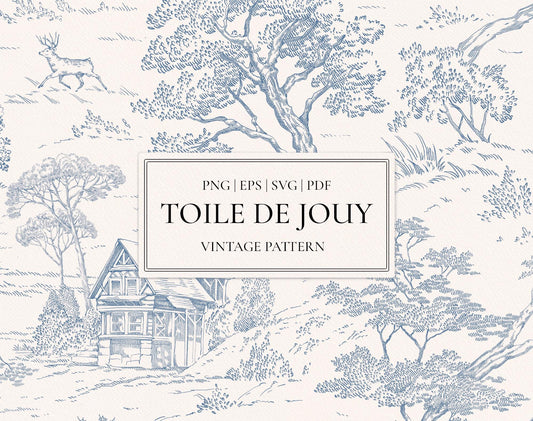Toile de Jouy Blue pattern set — vintage scenic toile in dusty blue with cottage, deer and trees