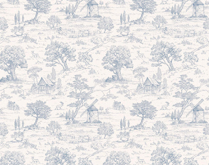 Toile de Jouy Patterned wallpaper with blue landscape design on a white background
