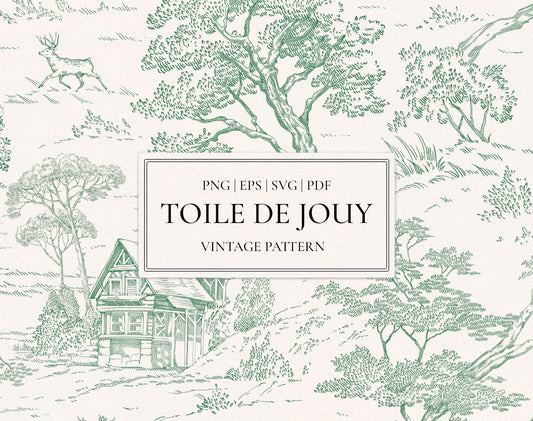 Toile de Jouy Green pattern set — vintage scenic toile in sage green with cottage, deer and trees