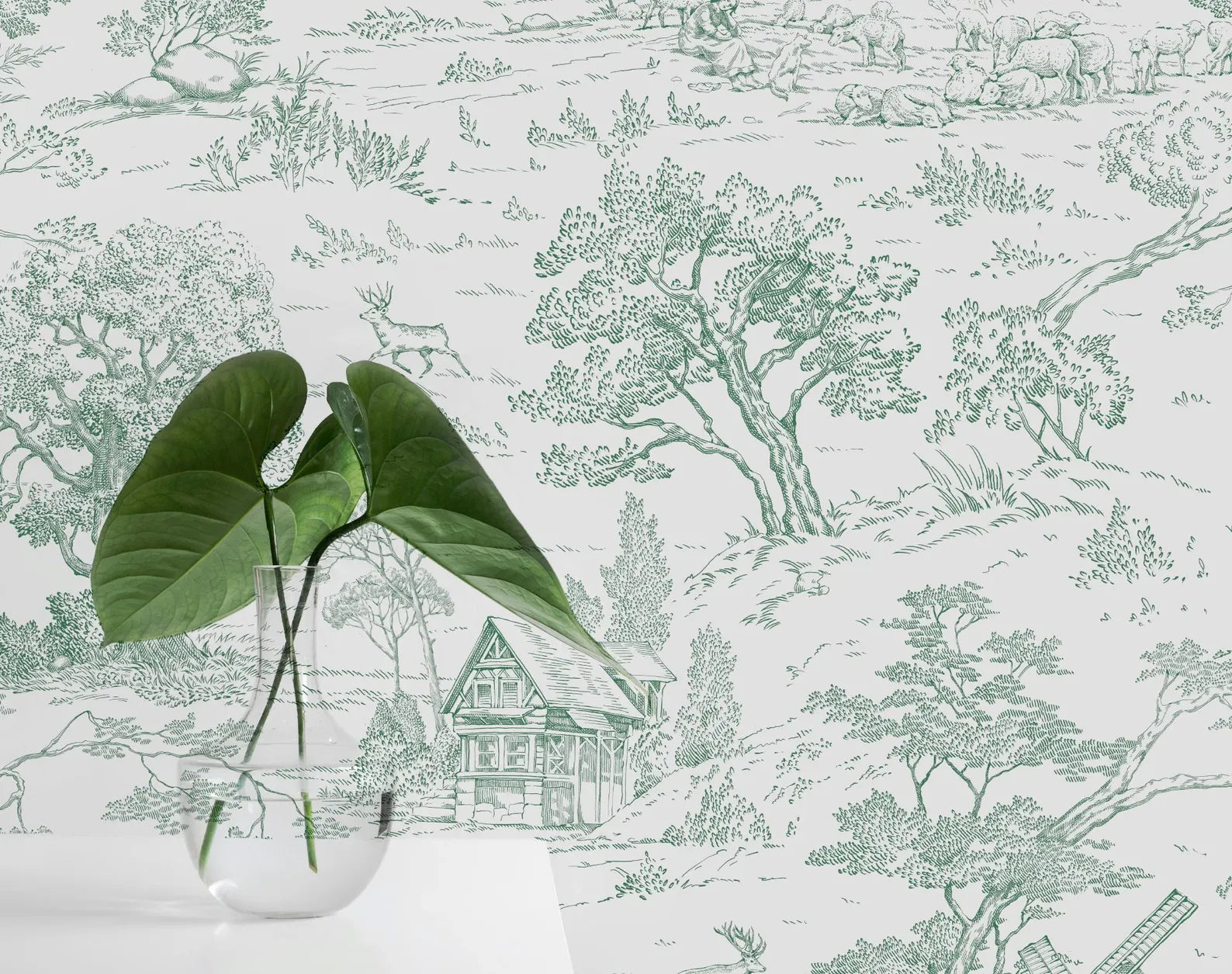 Wallpaper sample of Toile de Jouy Green pattern with leaf prop
