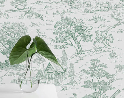 Wallpaper sample of Toile de Jouy Green pattern with leaf prop