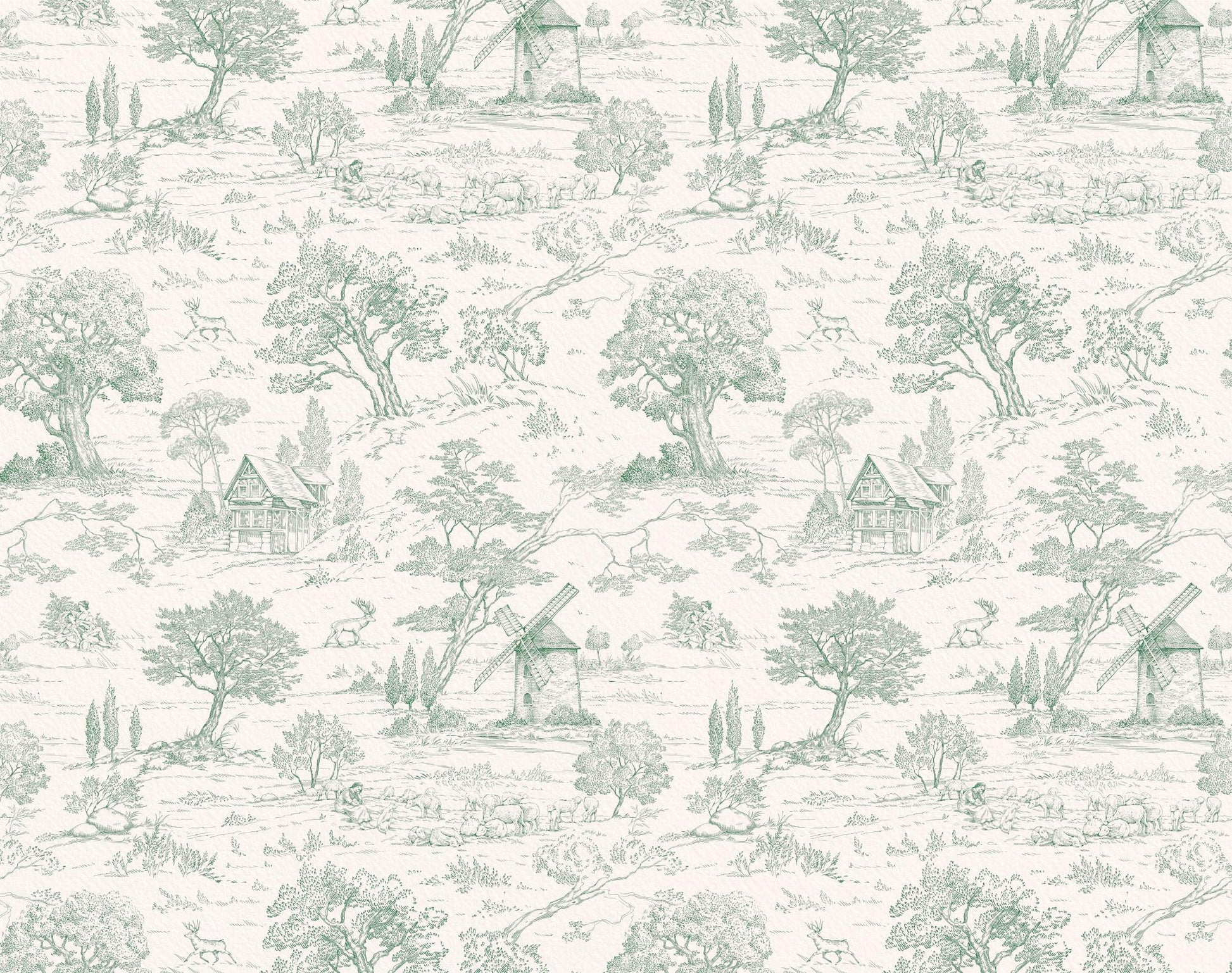 Toile de Jouy Green Seamless repeat preview — tiled green toile pattern samples