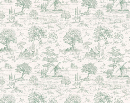 Toile de Jouy Green Seamless repeat preview — tiled green toile pattern samples