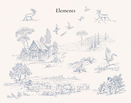 Toile scene elements — cottages, deer, trees and birds on transparent background