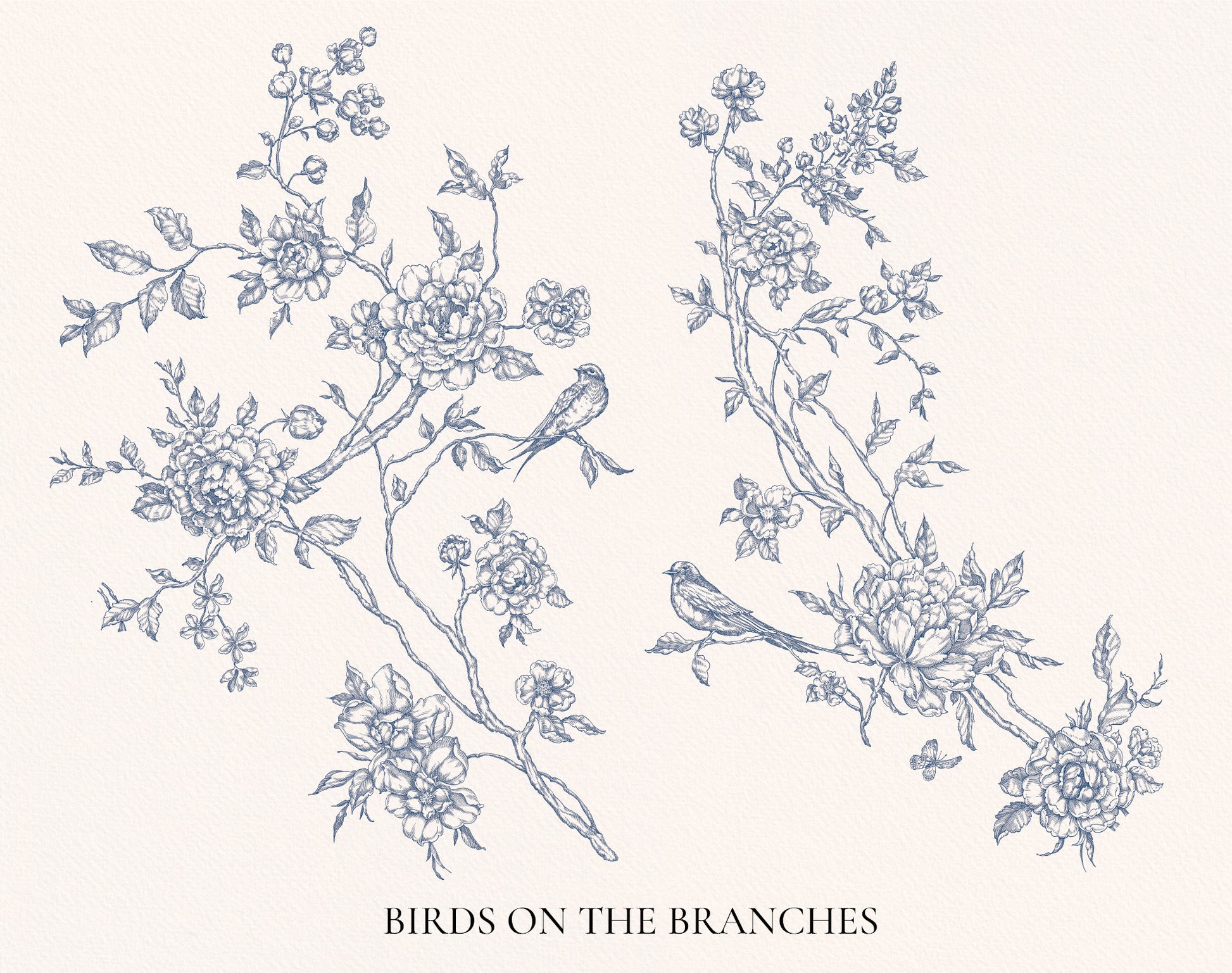 Decorative illustration of birds on branches with floral elements on a white background