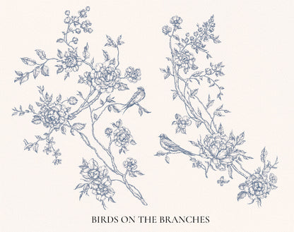 Decorative illustration of birds on branches with floral elements on a white background