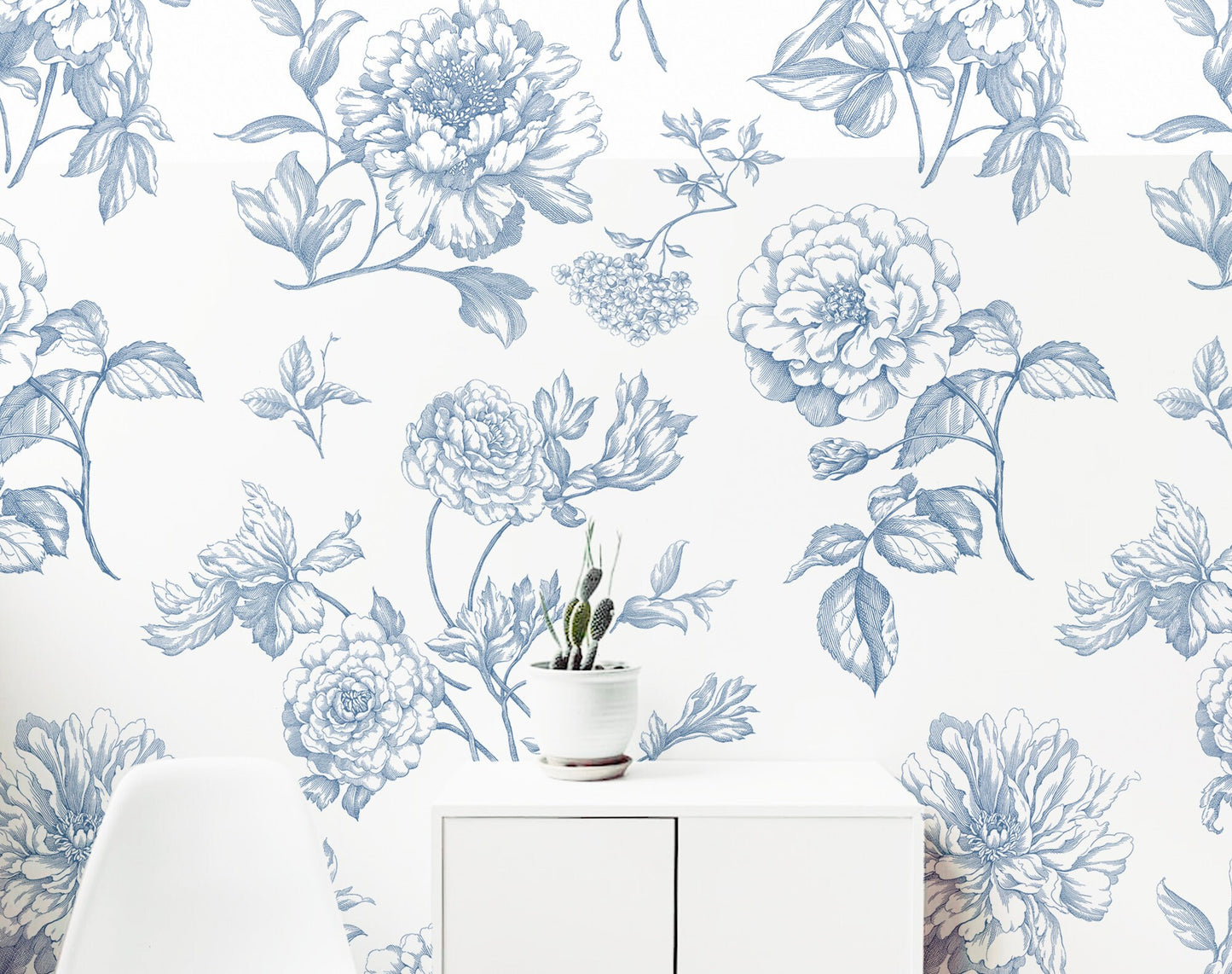 Living-room wallpaper mockup featuring blue peony toile pattern