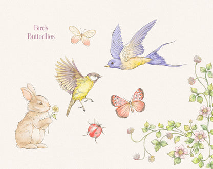 VIntage Garden Individual watercolor elements: blue tit bird, butterflies, tiny blossoms
