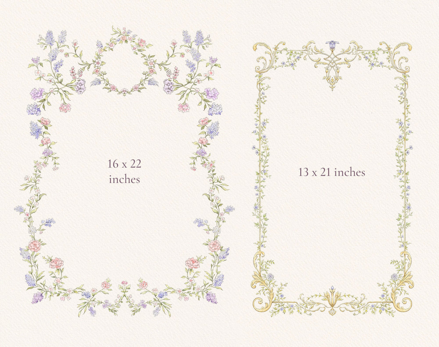 Valley Dreams botanical border frames samples, 16 × 22 and 13 x 21 inches, lavender sprigs