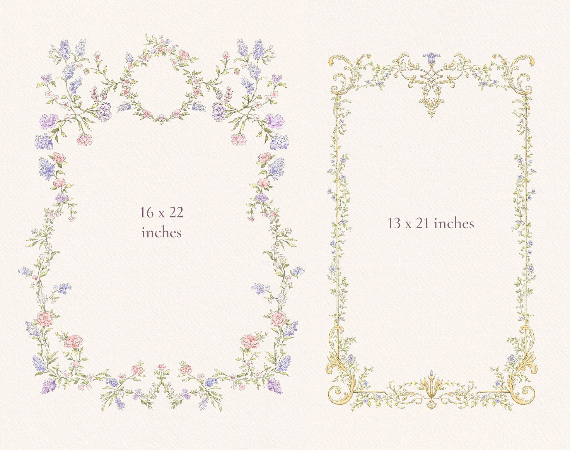 Valley Dreams botanical border frames samples, 16 × 22 and 13 x 21 inches, lavender sprigs