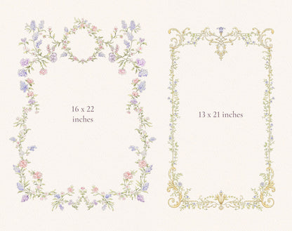 Valley Dreams botanical border frames samples, 16 × 22 and 13 x 21 inches, lavender sprigs