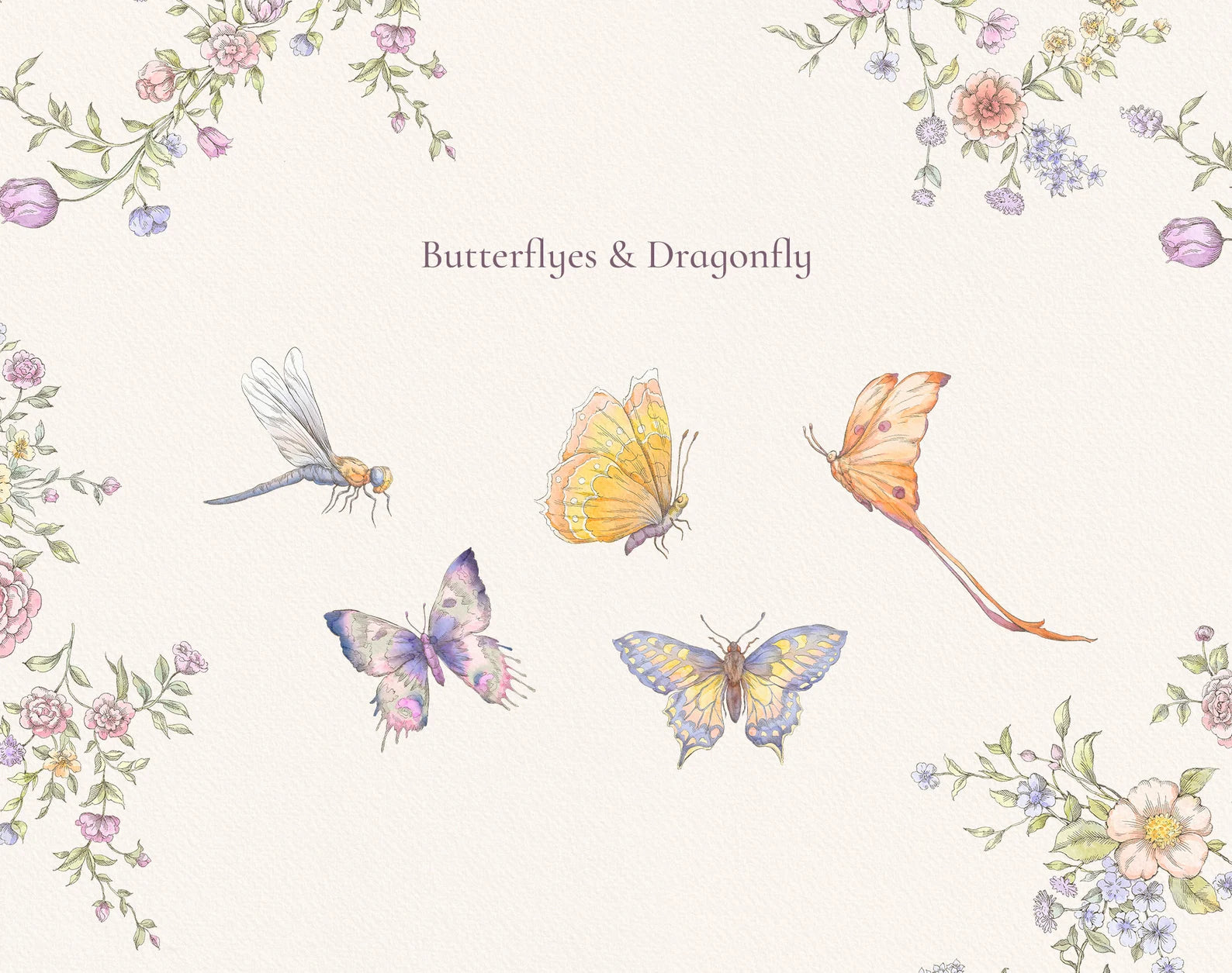 Valley Dreams watercolor butterflies and dragonfly clip-art elements