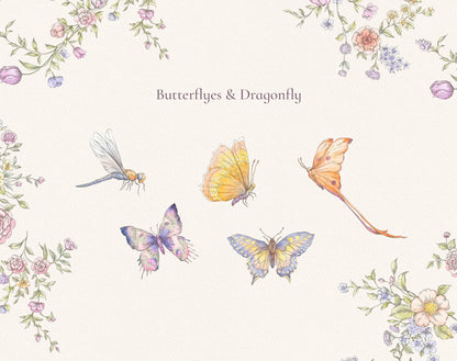 Valley Dreams watercolor butterflies and dragonfly clip-art elements