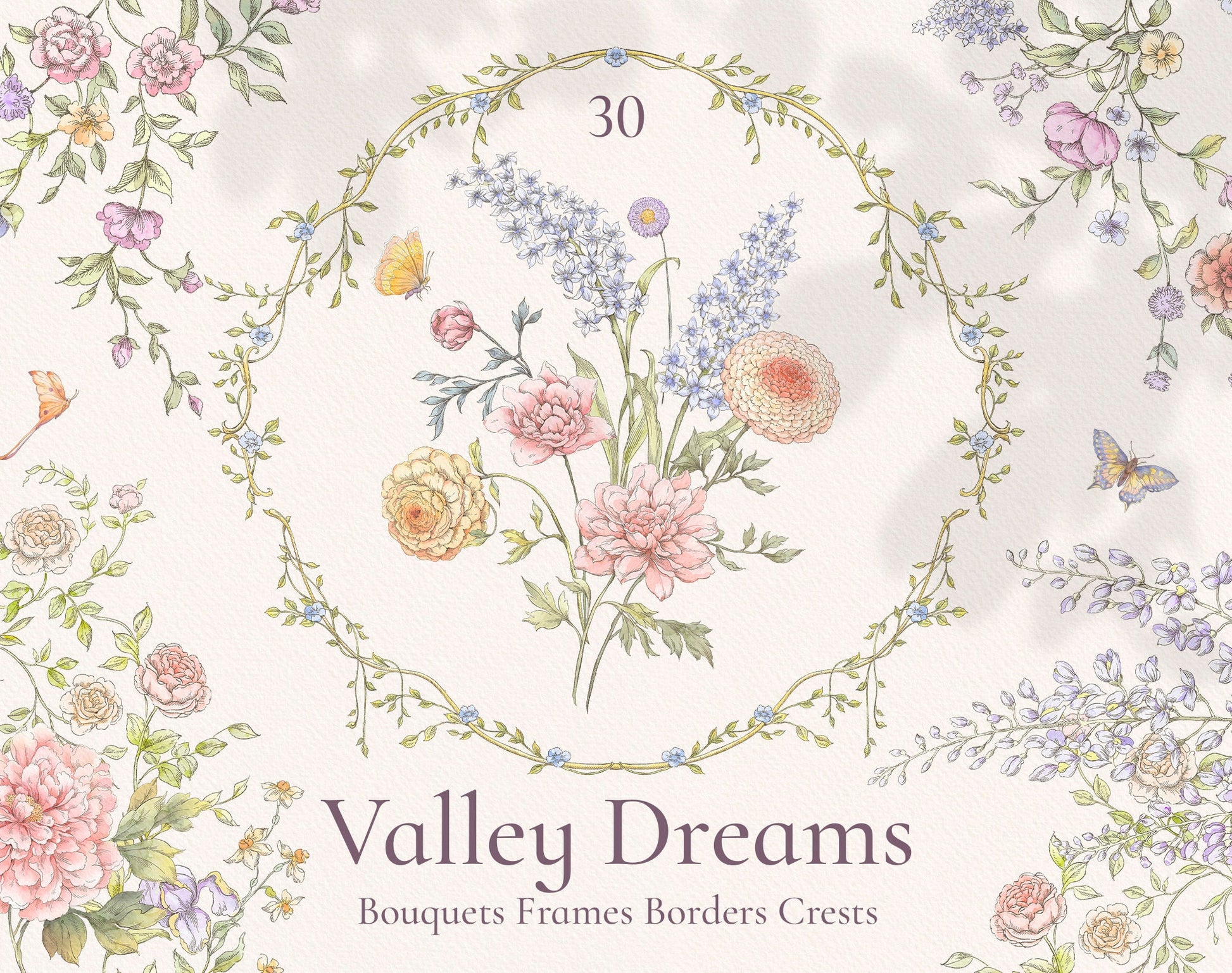 Valley Dreams – 30 wildflower watercolors: bouquets, frames, borders & crests