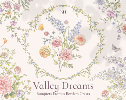 Valley Dreams – 30 wildflower watercolors: bouquets, frames, borders & crests