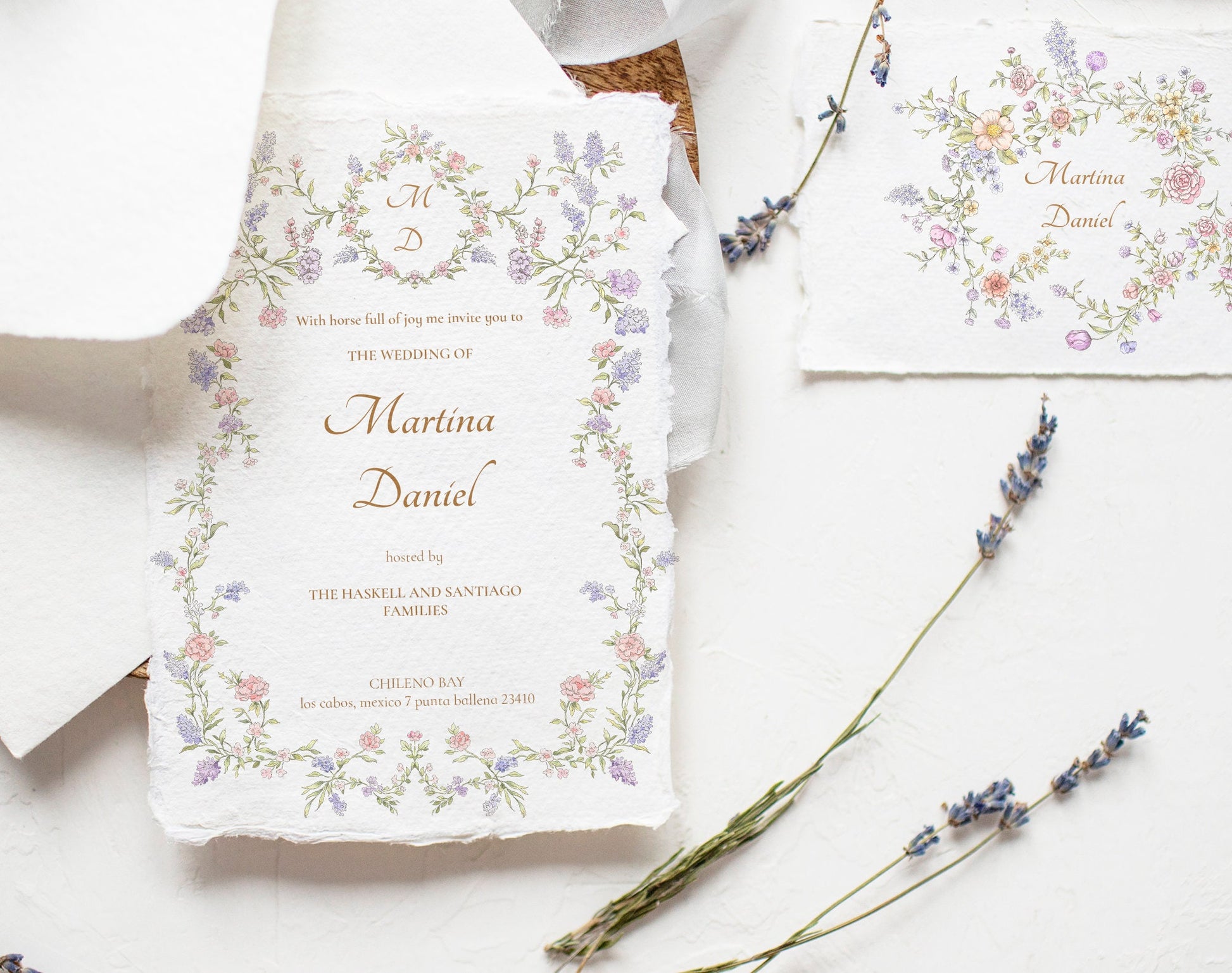 Wedding invitation mock-up framed with Valley Dreams floral border and lavender sprig