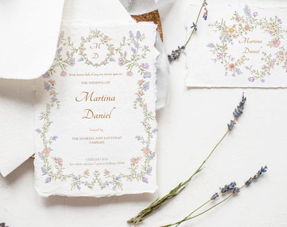 Wedding invitation mock-up framed with Valley Dreams floral border and lavender sprig