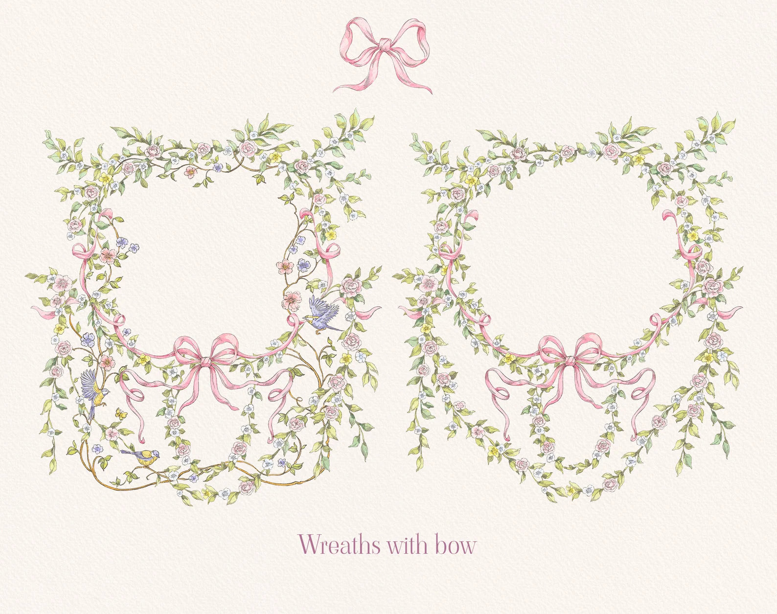 Vintage Garden floral wreaths with pink bow – clip-art sample