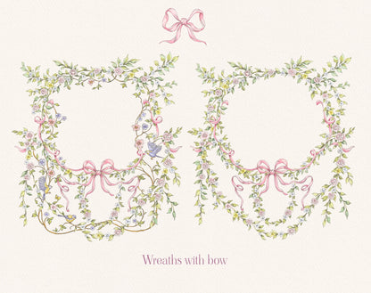Vintage Garden floral wreaths with pink bow – clip-art sample