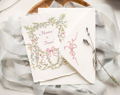 Vintage Garden invitation mock-up featuring the Vintage Garden wreath on folded card and envelope
