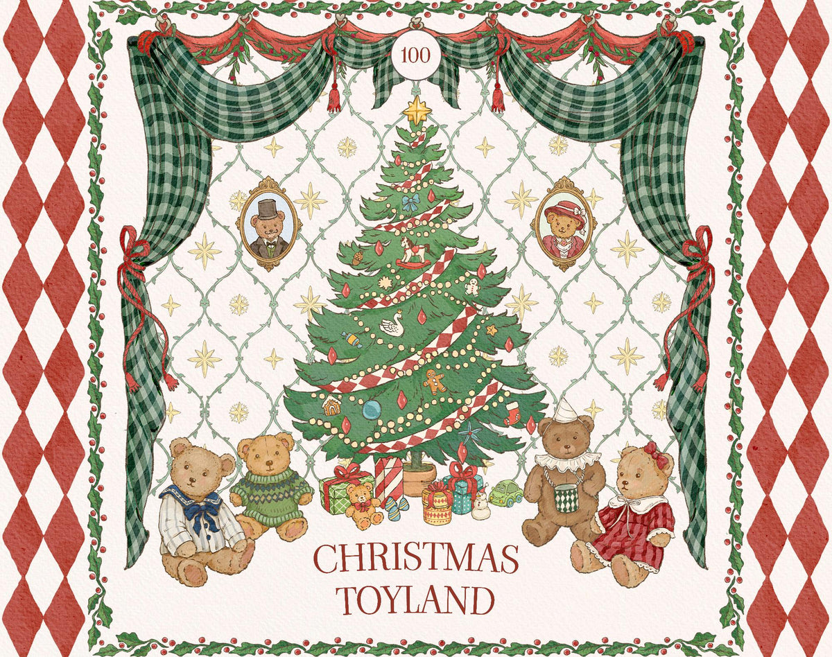 Christmas Toyland watercolor collection cover with a decorated Christmas tree, teddy bears, green plaid curtains, holly garlands, and red diamond borders.