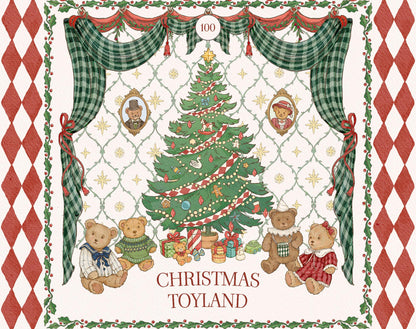 Christmas Toyland watercolor collection cover with a decorated Christmas tree, teddy bears, green plaid curtains, holly garlands, and red diamond borders.