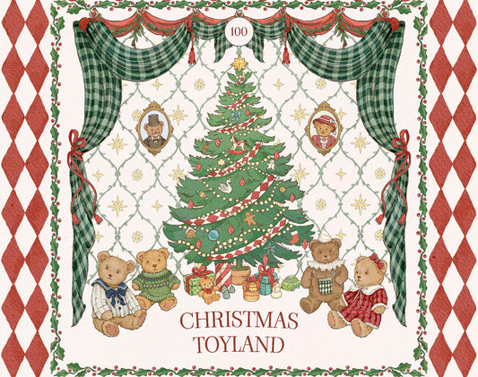 Christmas Toyland watercolor collection cover with a decorated Christmas tree, teddy bears, green plaid curtains, holly garlands, and red diamond borders.