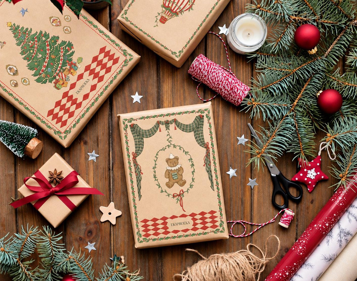 Wrapped Christmas gifts displayed with Christmas Toyland artwork, evergreen branches, red ornaments, ribbon, and craft tools.