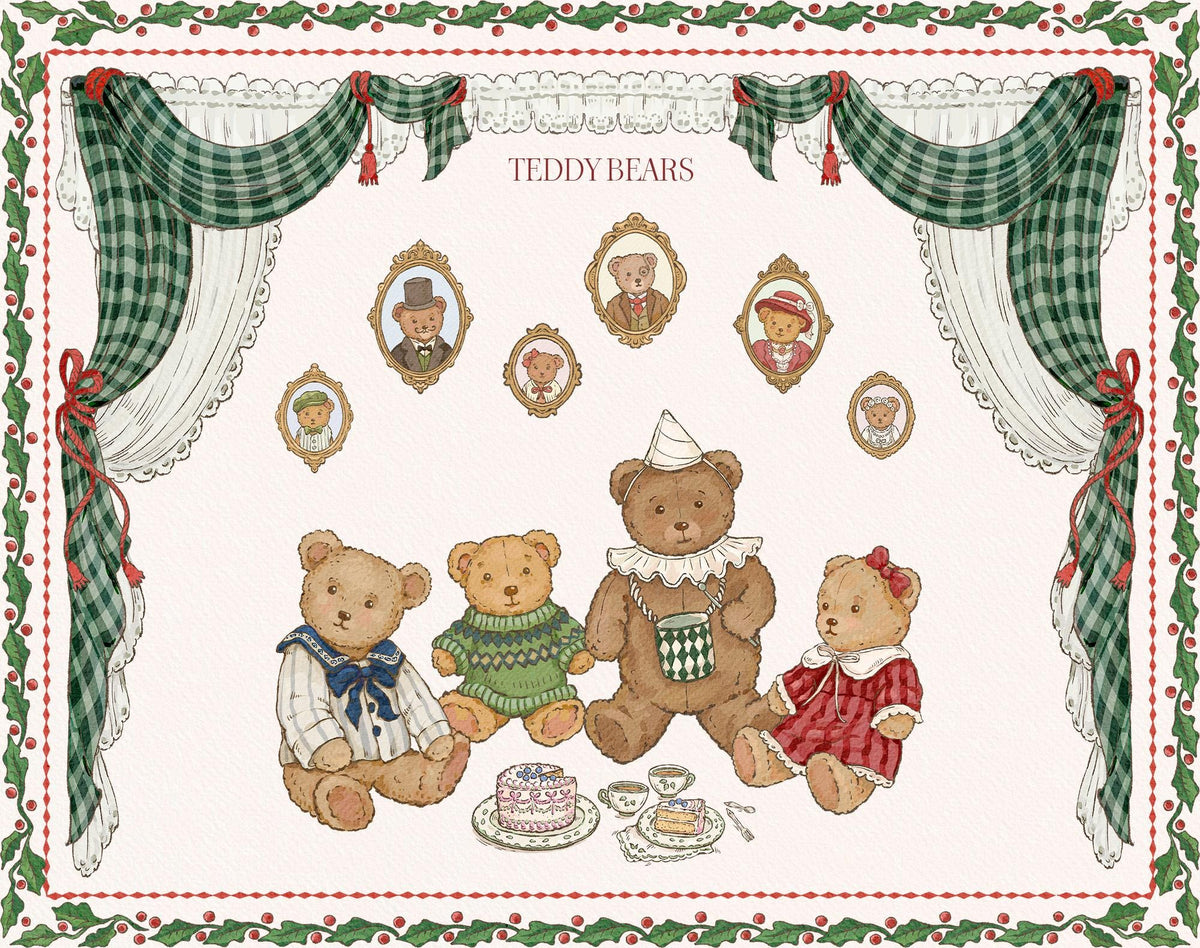 Christmas Toyland teddy bear watercolor illustrations beneath green plaid curtains, with small framed bear portraits and tea service.