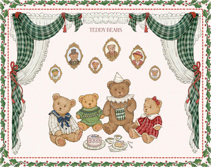 Christmas Toyland teddy bear watercolor illustrations beneath green plaid curtains, with small framed bear portraits and tea service.
