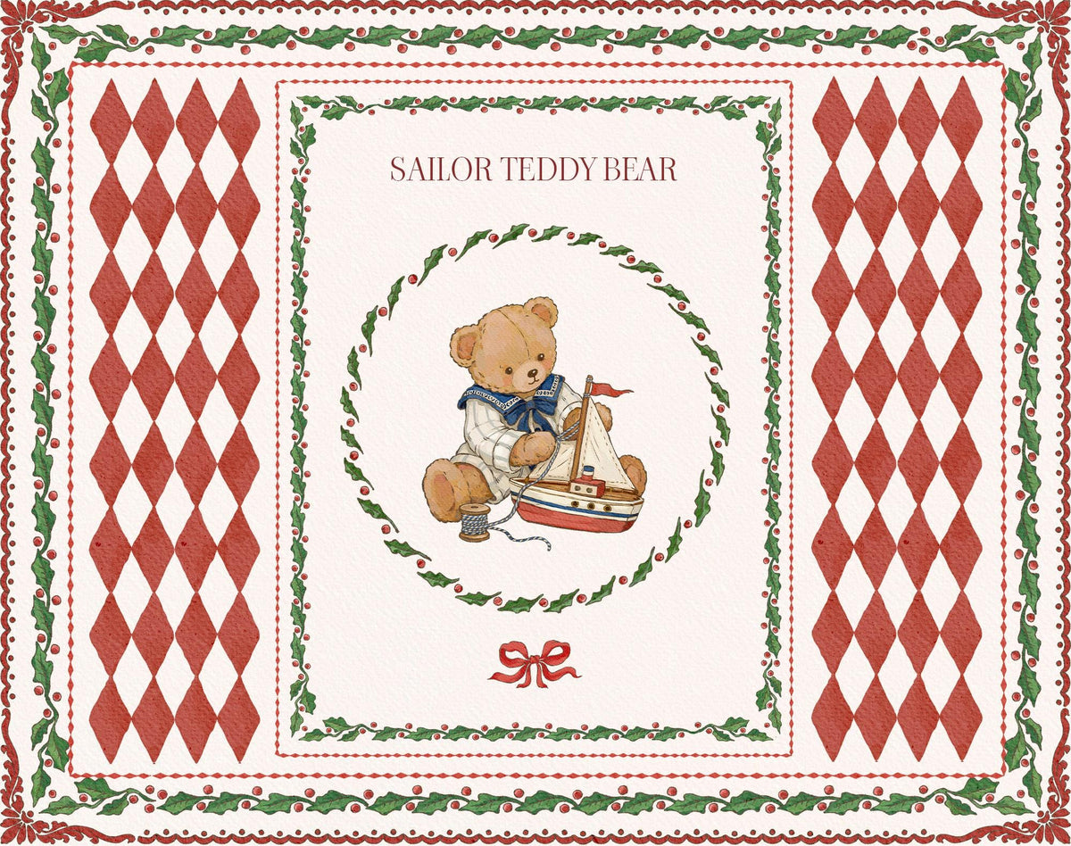 Sailor teddy bear watercolor illustration holding a toy sailboat, surrounded by holly borders and red diamond panels.