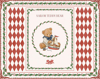 Sailor teddy bear watercolor illustration holding a toy sailboat, surrounded by holly borders and red diamond panels.